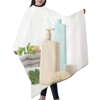Personality  Composition With Hair Care Products On Wood Table Hair Cutting Cape