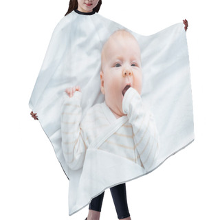 Personality  Top View Of Adorable Baby Lying On White Bedding  Hair Cutting Cape