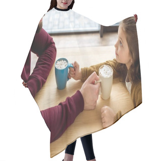 Personality  Cropped Image Of Happy Daughter And Father Changing Their Cups Of Cacao With Marshmallow   Hair Cutting Cape