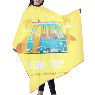 Personality  Surf Camp Vector Illustration. Surf Bus On A Background Of Palm Beach Girl Holding A Surfboard And Camp Tent Hair Cutting Cape