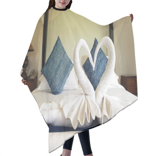 Personality  Beautiful White Towel Folded In Two Swan Shape Or Heart With Blue Pillow And Wall Background On Bedroom In Hotel - Beautiful Design And Idea For Decoration Room And Dweller Concept   Hair Cutting Cape