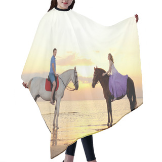 Personality  Two Riders On Horseback At Sunset On The Beach. Lovers Ride Hors Hair Cutting Cape