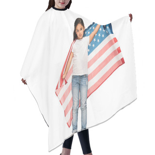 Personality  Cute Latin Kid In Denim Jeans Standing With American Flag Isolated On White  Hair Cutting Cape