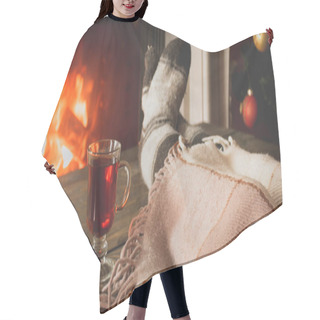 Personality  Toned Image Of Woman In Woolen Socks Lying Under Blanket And Drinking Tea At Burning Fireplace Hair Cutting Cape