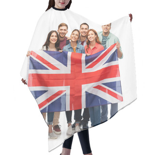 Personality  Group Of Smiling Friends With British Flag Hair Cutting Cape