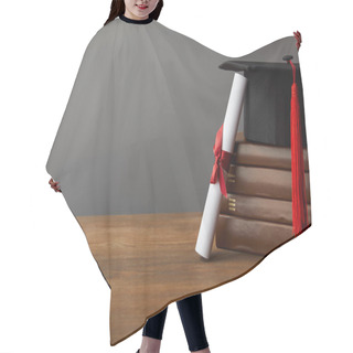 Personality  Diploma, Academic Cap And Books On Wooden Surface Isolated On Grey Hair Cutting Cape