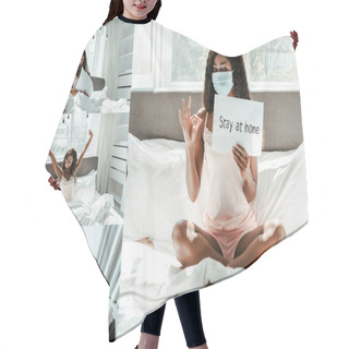 Personality  Collage Of African American Woman In Medical Mask With Placard With Stay At Home Lettering, Stretching Herself And Taking Selfie On Bed Hair Cutting Cape