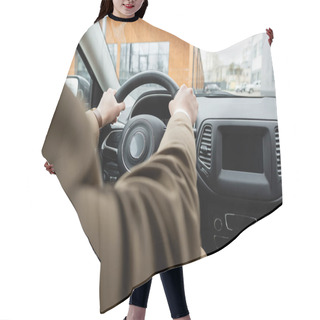Personality  Partial View Of Man In Beige Jacket Driving Car Hair Cutting Cape