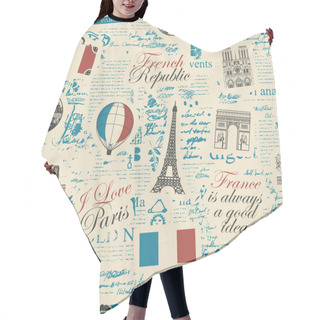 Personality  Vector Abstract Seamless Pattern On The Theme Of France And Paris With French Symbols, Architectural Landmarks And A Map In Colors Of French Flag On The Background Of Newspaper Page In Retro Style Hair Cutting Cape