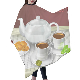 Personality  Vector Illustration Of Teapot, Cups And Cookies Hair Cutting Cape