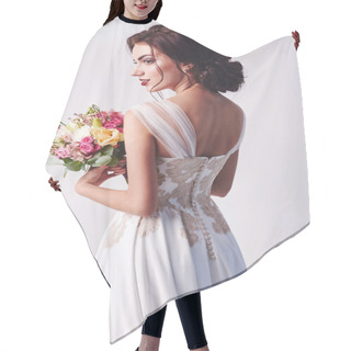 Personality  Woman In Wedding Dress With Flowers' Bouquet. Hair Cutting Cape