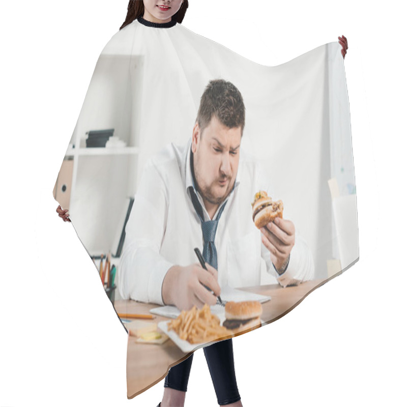 Personality  Overweight Businessman Working While Eating Hamburger And French Fries In Office Hair Cutting Cape