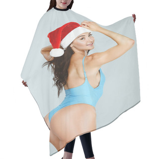 Personality  Back View Of Seductive Sportive Woman In Blue Leotard And Christmas Hat Isolated On Grey Hair Cutting Cape