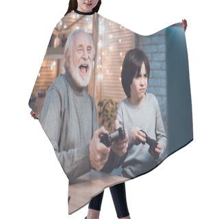 Personality  Grandfather And Grandson Playing Video Games At Home Hair Cutting Cape