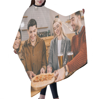 Personality  Cheerful Friends Smiling While Taking Pieces Of Tasty Pizza In Bar Hair Cutting Cape