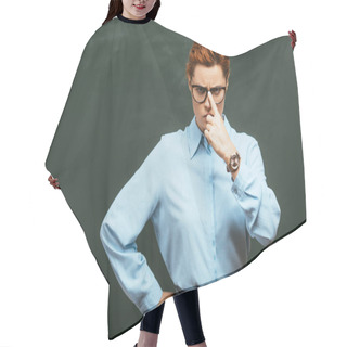Personality  Serious Teacher Touching Eyeglasses While Standing With Hand On Hip Near Chalkboard Hair Cutting Cape