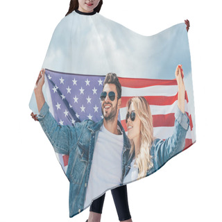Personality  Attractive Woman And Handsome Man Smiling And Holding American Flag  Hair Cutting Cape