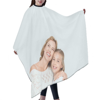 Personality  Attractive Mother Hugging Smiling Daughter And Looking Up Isolated On Grey  Hair Cutting Cape