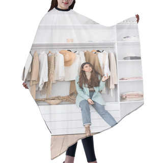 Personality  Pensive Woman Touching Shirt In Wardrobe At Home  Hair Cutting Cape
