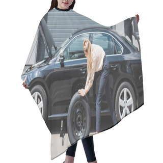 Personality  Businesswoman Rolling New Wheel And Fixing Broken Auto, Car Insurance Concept Hair Cutting Cape