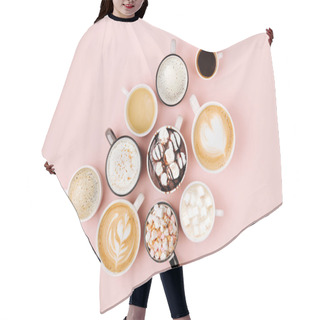 Personality  Various Kinds Of Coffee In Cups Of Different Size   On Pale Pink Background.  Coffee  Time Concept.  Flat Lay, Top View Hair Cutting Cape