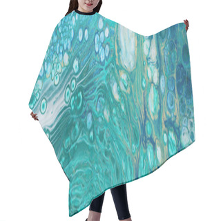 Personality  Art Photography Of Abstract Marbleized Effect Background. Turquoise, Emerald Green, Blue And Gold Creative Colors. Beautiful Paint. Banner Hair Cutting Cape