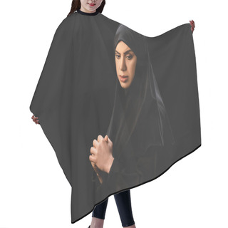Personality  Side View Of Upset Muslim Woman In Hijab With Clenched Hands Isolated On Black  Hair Cutting Cape
