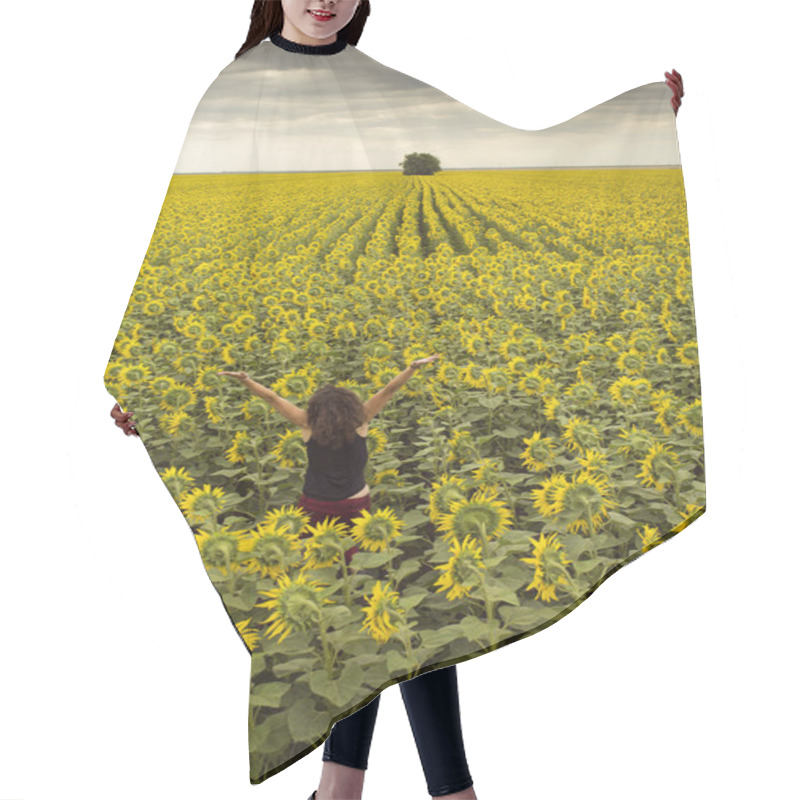 Personality  Beautiful Young Woman In A Field Of Flowers Having A Joyful And Positive Attitude Hair Cutting Cape