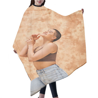 Personality  Denim Fashion, Gen Z, Happy Curvy Woman With Tattoo Posing On Mottled Beige Background, Body Positivity Movement, Self-esteem, Confidence, Short Haired Model, Youth Culture  Hair Cutting Cape
