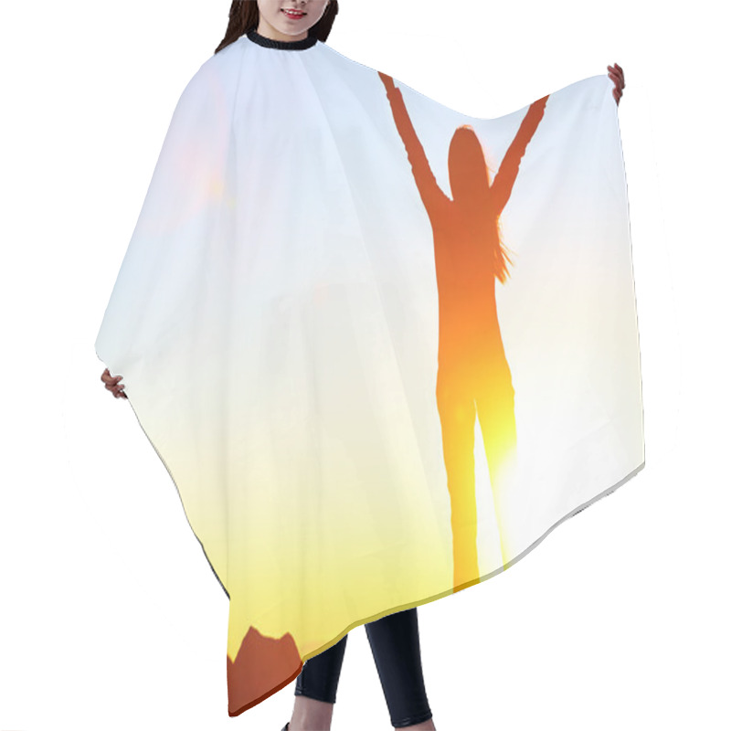 Personality  Happy winning woman hair cutting cape