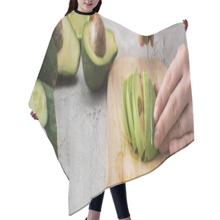 Personality  Panoramic Shot Of Woman Cutting Avocado With Knife On Cutting Board Among Ingredients  Hair Cutting Cape