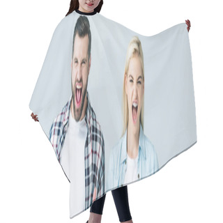 Personality  Panoramic Shot Of Man And Woman Shouting Isolated On Grey Hair Cutting Cape