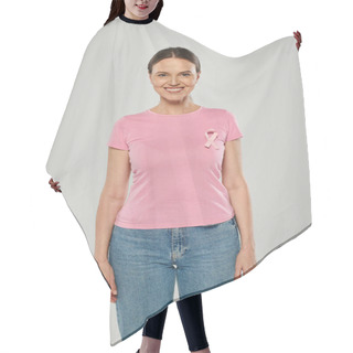 Personality  Happy Woman With Pink Ribbon, Smiling, Grey Backdrop, Breast Cancer Awareness, Cancer Free Concept Hair Cutting Cape