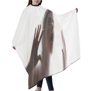 Personality  Horizontal Concept Of Brunette Woman Screaming Through Polyethylene Isolated On White, Ecology Concept Hair Cutting Cape