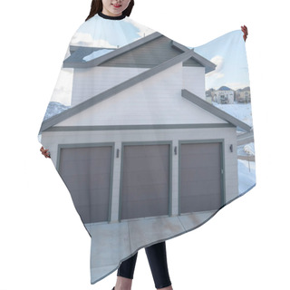 Personality  Three Door Garage Of A Lovely Home Against Snowy Slope And Cloudy Blue Sky Hair Cutting Cape