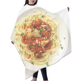 Personality  Spaghetti With Fish In Arrabbiata Sauce From Above Hair Cutting Cape