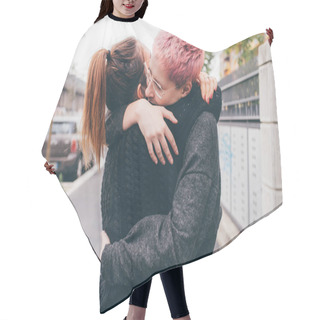 Personality  Two Young Women Outdoors Hugging Having Fun - Affectionate, Bonding, Interaction Concept Hair Cutting Cape