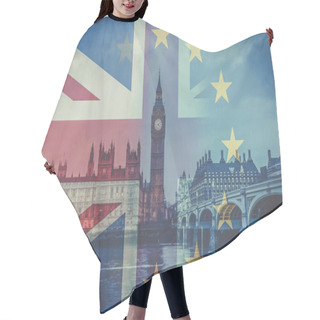 Personality  Brexit Concept - Double Exposure Of Flag And Westminster Palace With Big Ben Hair Cutting Cape