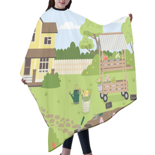 Personality  Garden Beautiful Landscape Concept. Rural Village And Agriculture. Flowers And Tulips At Backyard. Summer And Spring Season. Poster Or Banner For Website. Cartoon Flat Vector Illustration Hair Cutting Cape