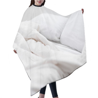 Personality  Selective Focus Of Bed With White Pillows And Blanket  Hair Cutting Cape