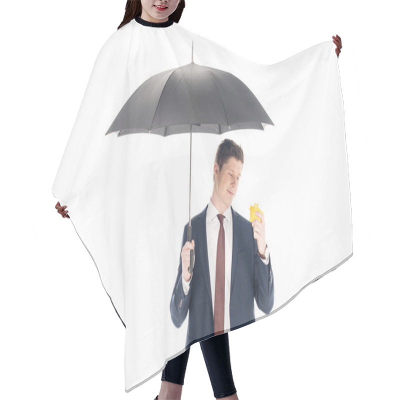 Personality  Smiling Young Businessman With Umbrella Looking At Piggy Bank Isolated On White  Hair Cutting Cape