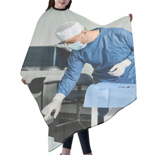 Personality  A Man In A Surgical Gown And Mask Preparing Tools. Hair Cutting Cape