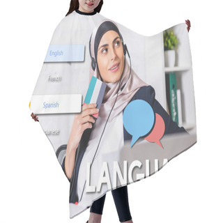 Personality  Smiling Arabian Interpreter In Headset Holding Digital Translator On Blurred Foreground, Speech Bubbles Near Icons With Different Languages Illustration Hair Cutting Cape