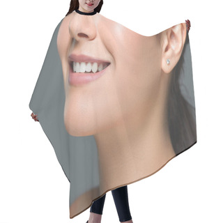 Personality  Cropped Shot Of Smiling Woman With Beautiful White Teeth Isolated On Grey Hair Cutting Cape