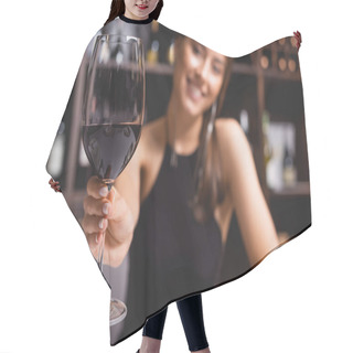 Personality  Selective Focus Of Woman Showing Glass Of Wine In Restaurant  Hair Cutting Cape
