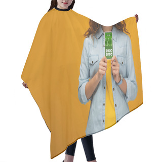 Personality  Cropped View Of Cheerful Curly Woman Holding Smartphone With E-health App On Screen On Orange  Hair Cutting Cape