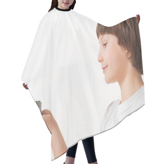 Personality  Kindly Smiling Child Presenting Plaything Hair Cutting Cape