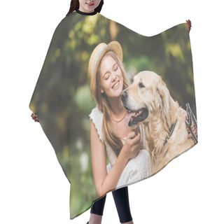 Personality   Beautiful Girl In White Dress And Straw Sitting Near Golden Retriever And Smiling While Looking At Dog Hair Cutting Cape