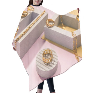Personality  Showcase Pedestals With Golden Rings And Bracelets On Color Background Hair Cutting Cape