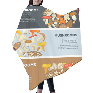 Personality  Natural Ripe Mushrooms From Forest Grown Without Pesticides In Big Heap On Informative Internet Pages Templates With Sample Text And Buttons To Read More Cartoon Flat Vector Illustrations Set. Hair Cutting Cape